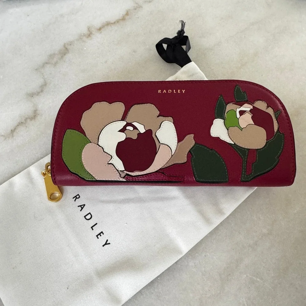 Radley London Burgundy Leather Floral Applique Zip Around Matinee Wallet New